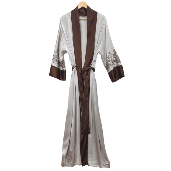Frette Collection Other - Frette Womens Silk Floral Embroidered Long Robe SM Cream Brown Italian Luxury